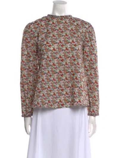 Pre-owned Horror Vacui Floral Print Mock Neck Blouse In White