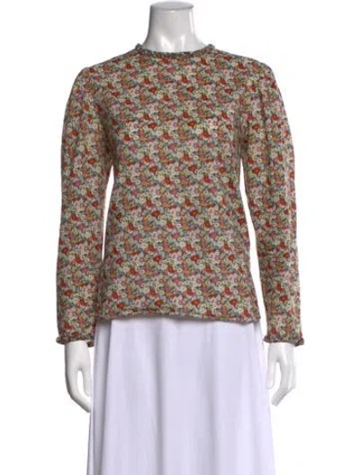 Pre-owned Horror Vacui Floral Print Mock Neck Blouse In White