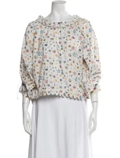 Pre-owned Horror Vacui Floral Print Off-the-shoulder Blouse In White