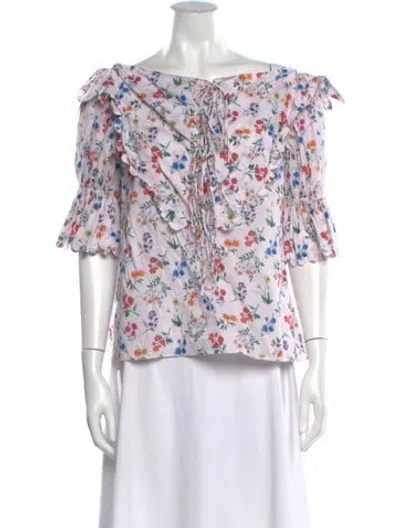 Pre-owned Horror Vacui Floral Print Off-the-shoulder Blouse In White