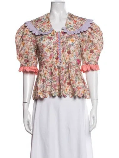 Pre-owned Horror Vacui Floral Print Short Sleeve Blouse In White