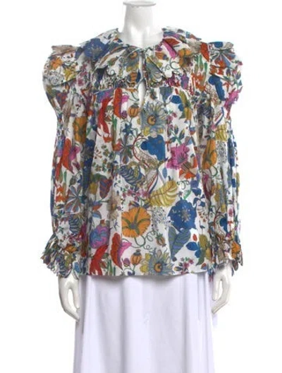 Pre-owned Horror Vacui Floral Print Tie Neck Blouse In Blue