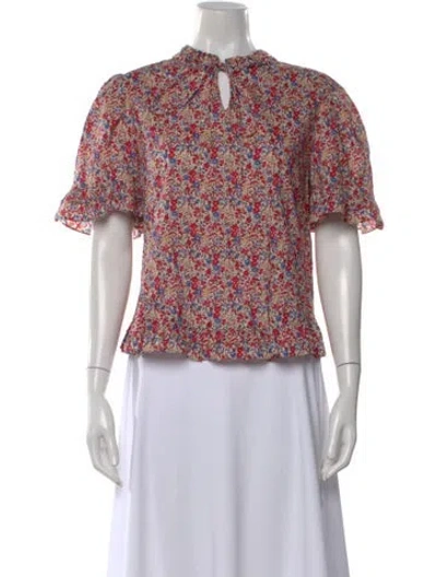 Pre-owned Horror Vacui Floral Print Tie Neck Blouse In Red