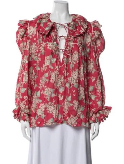 Pre-owned Horror Vacui Floral Print Tie Neck Blouse In Red