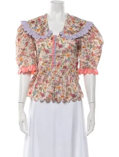 Pre-owned Horror Vacui Floral Print V-neck Blouse In White