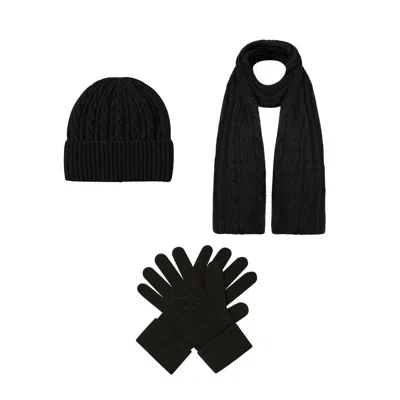 Hortons England Black Aspen Cable Knit Cashmere Hat, Glove, Scarf Set