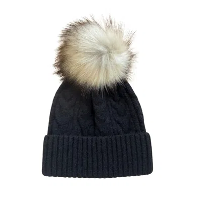 Hortons England Women's Black Keltic Knit Wool Beanie Faux Fur Pom Pom
