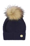 Hortons England Women's Blue Cable Knit Navy Cashmere Pom Pom Hat In Blue