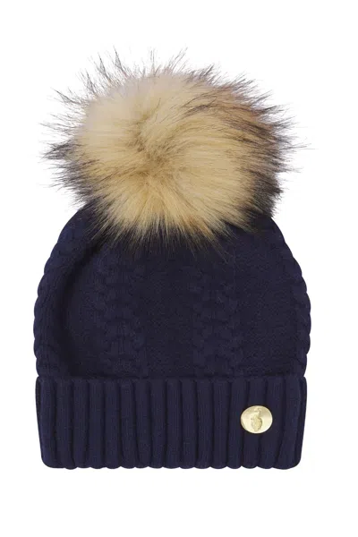 Hortons England Women's Blue Cable Knit Navy Cashmere Pom Pom Hat