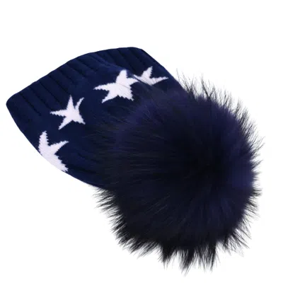 Hortons England Women's Blue Cashmere Star Pom Pom Hat Navy