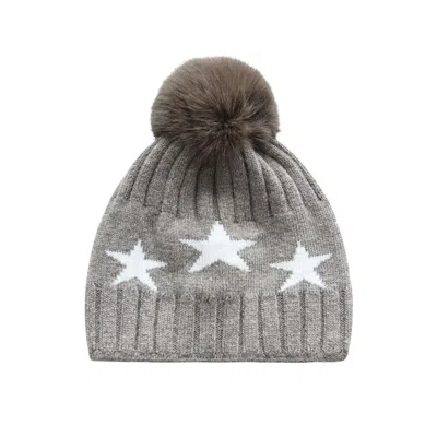 Hortons England Women's Brown Cashmere Star Pom Pom Hat Fawn