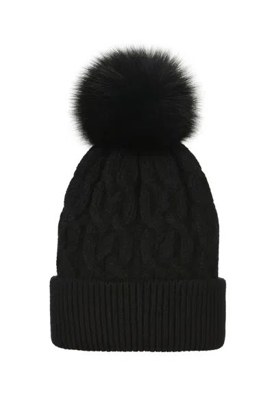 Hortons England Women's Cable Knit Cashmere Pom Pom Hat Black