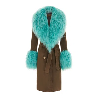 Hortons England Women's Green Manhattan Seude Trench Coat Olive And Turquoise