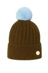 Hortons England Women's Green Ribbed Cashmere Beanie Olive With Blue Pom Pom In Green