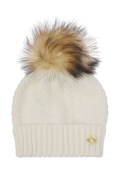 Hortons England Women's Neutrals Cable Knit Cream Cashmere Pom Pom Hat In White
