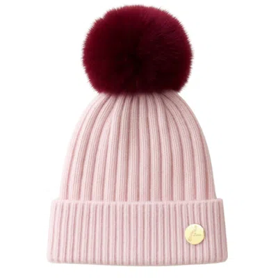 Hortons England Women's Pink Cashmere Hat With Burgundy Faux Fur Pom Pom