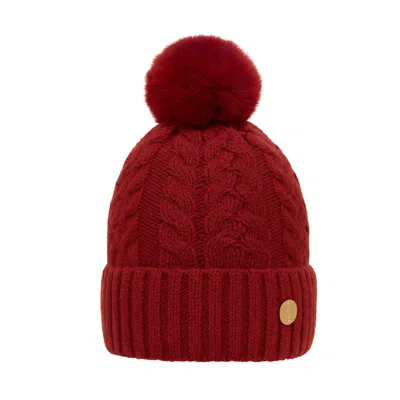 Hortons England Women's Red Burgundy Cable Knit Pom Pom Hat