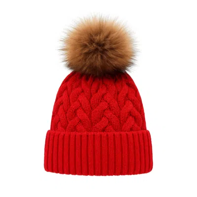 Hortons England Women's Red Cable Knit Pom Pom Hat