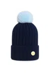Hortons England Women's Ribbed Cashmere Beanie Navy With Blue Pom Pom In Blue