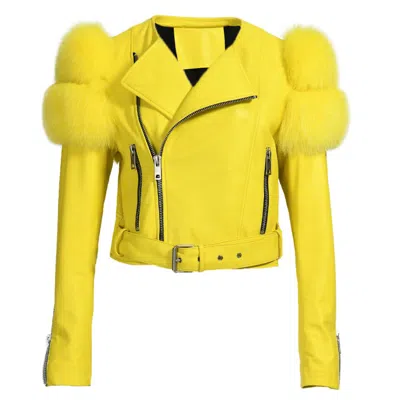 Hortons England Women's Yellow / Orange Yellow Cropped Faux Fur Shoulder Jacket