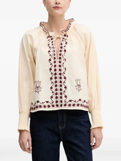 Hoss Intropia Ruffled Embroidered Top In Neutral