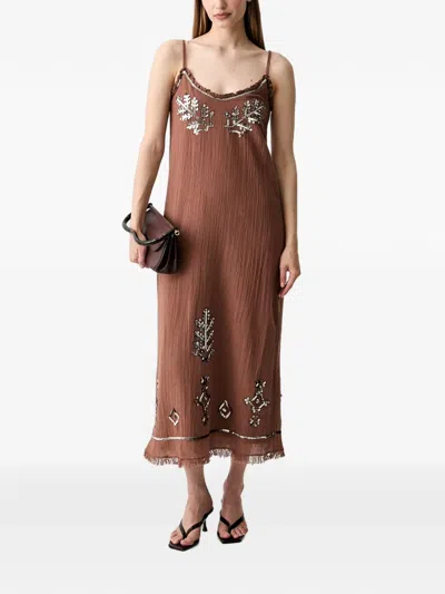 Hoss Intropia Sequin-embellished Sleeveless Ruffled Shift Midi Dress In Brown