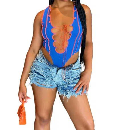 Hot & Delicious A Lil Picky Sleeveless Stretch Color Block Ribbed Bodysuit In Sea Blue In Multi