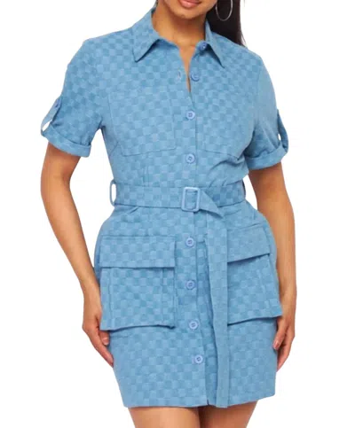 Hot & Delicious Button Down Cargo Mini Dress In Denim In Blue