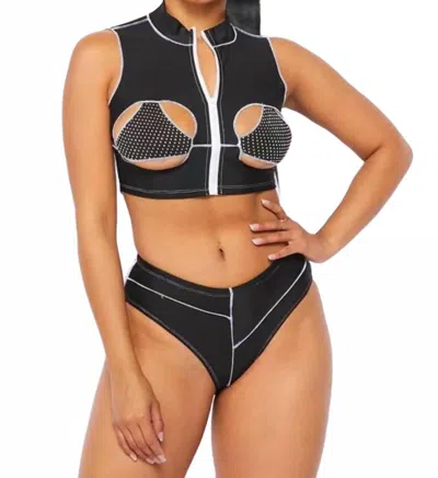 Hot & Delicious Fair Game Crop Rhinestone Swim Set In Black