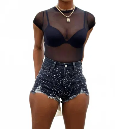 Hot & Delicious Talk About It Studded Denim Shorts In Black In Blue
