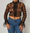 Hot & Delicious All Of Me Shirred Ruffle Long Sleeve Top In Black In Black