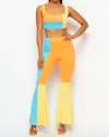 Hot & Delicious Bright Idea Terry Cloth Crop Top And Pant Set In Orange, Blue, Yellow In Orange