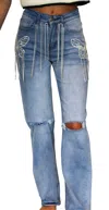 Hot & Delicious Butterfly Rhinestone Denim Jean In Blue In Blue