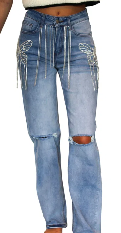 Hot & Delicious Butterfly Rhinestone Denim Jean In Blue