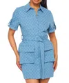 Hot & Delicious Button Down Cargo Mini Dress In Denim In Multi