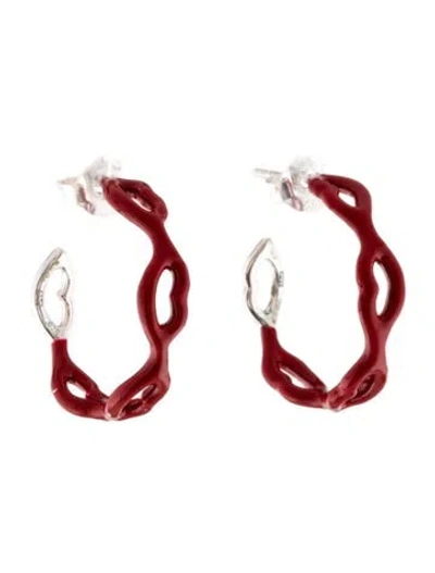 Pre-owned Hot Lips By Solange Enamel Little Kisses Hoop Earrings In Red