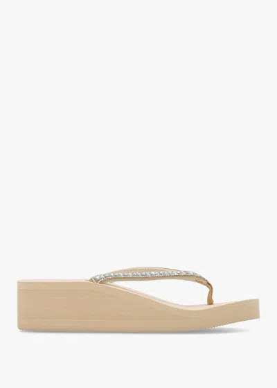 Hot Sand Beige Embellished Toe Post Wedge Flip Flops In Brown