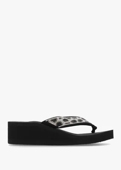 Hot Sand Black Diamante Leopard Toe Post Wedge Flip Flops