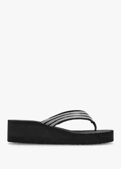 Hot Sand Black Diamante Toe Post Wedge Flip Flops
