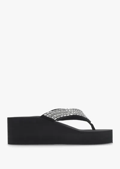 Hot Sand Black Embellished Toe Post Chunky Wedge Flip Flops