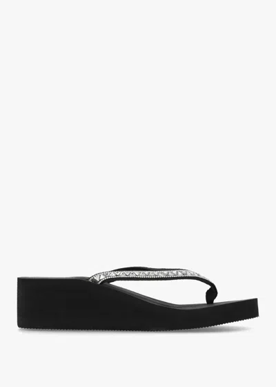 Hot Sand Black Embellished Toe Post Wedge Flip Flops