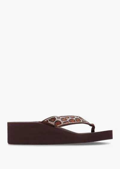 Hot Sand Brown Diamante Leopard Toe Post Wedge Flip Flops