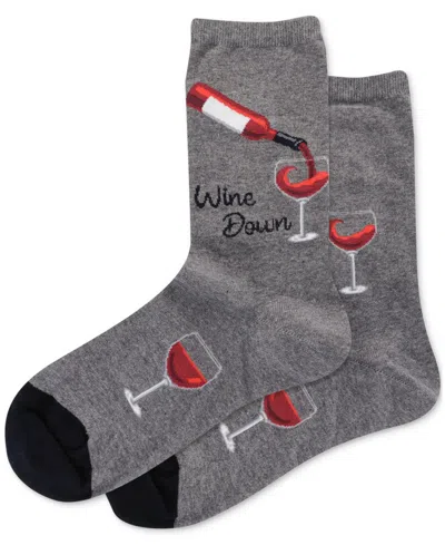 Hot Sox Women's Wine Down Printed Crew Socks In Charcoal Heather