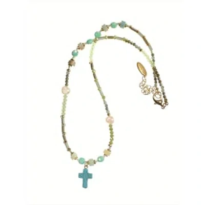 Hot Tomato Turquoise Crystal Cross Stone And Pearl Necklace In Multi