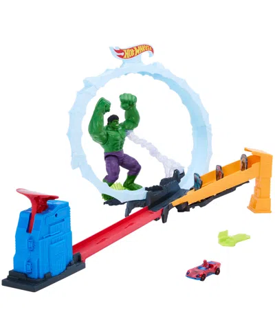 Hot Wheels Superstar Speeders Spider-man & Hulk Smash Down Slam-launch Track Set With Die-cast Spider-man Vehic In Multi