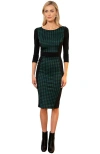 Hotsquash London Clothing Bodycon Ponte Dress With 3/4 Sleeves In Green Houndstooth Large