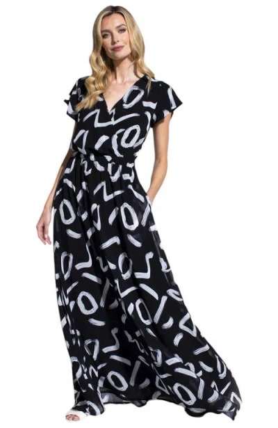 Hotsquash London Clothing Abstract Print Chiffon Faux Wrap Maxi Dress In Black With White Brush Strokes
