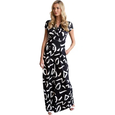 Hotsquash London Clothing Black & White V-neck Wide Leg Jumpsuit In Black With White Brushstrokes