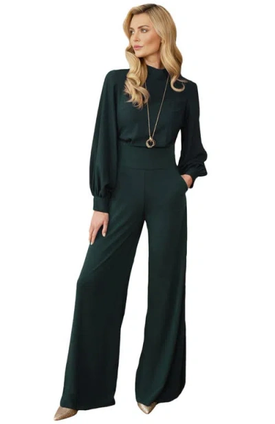 Hotsquash London Clothing Blouson Sleeve Wide Leg Jumpsuit In Bottle Green