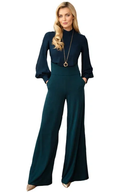 Hotsquash London Clothing Blouson Sleeve Wide Leg Jumpsuit In Woodland Teal